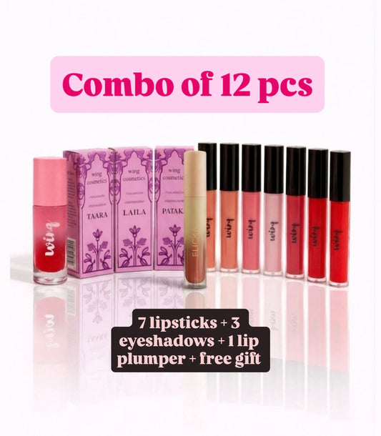 Combo of 12 pcs- 7 Lipsticks+3 eyeshadows+1 lip plumper😍