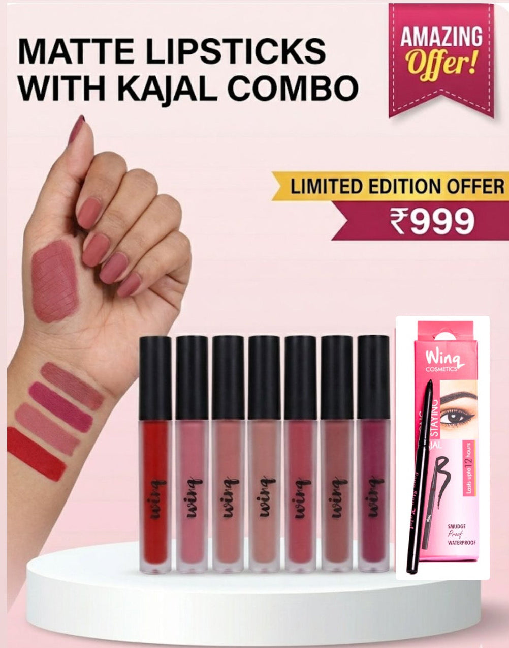 9 pcs combo ₹999 (7 matte liquid lipsticks plus kajal and free gifts)